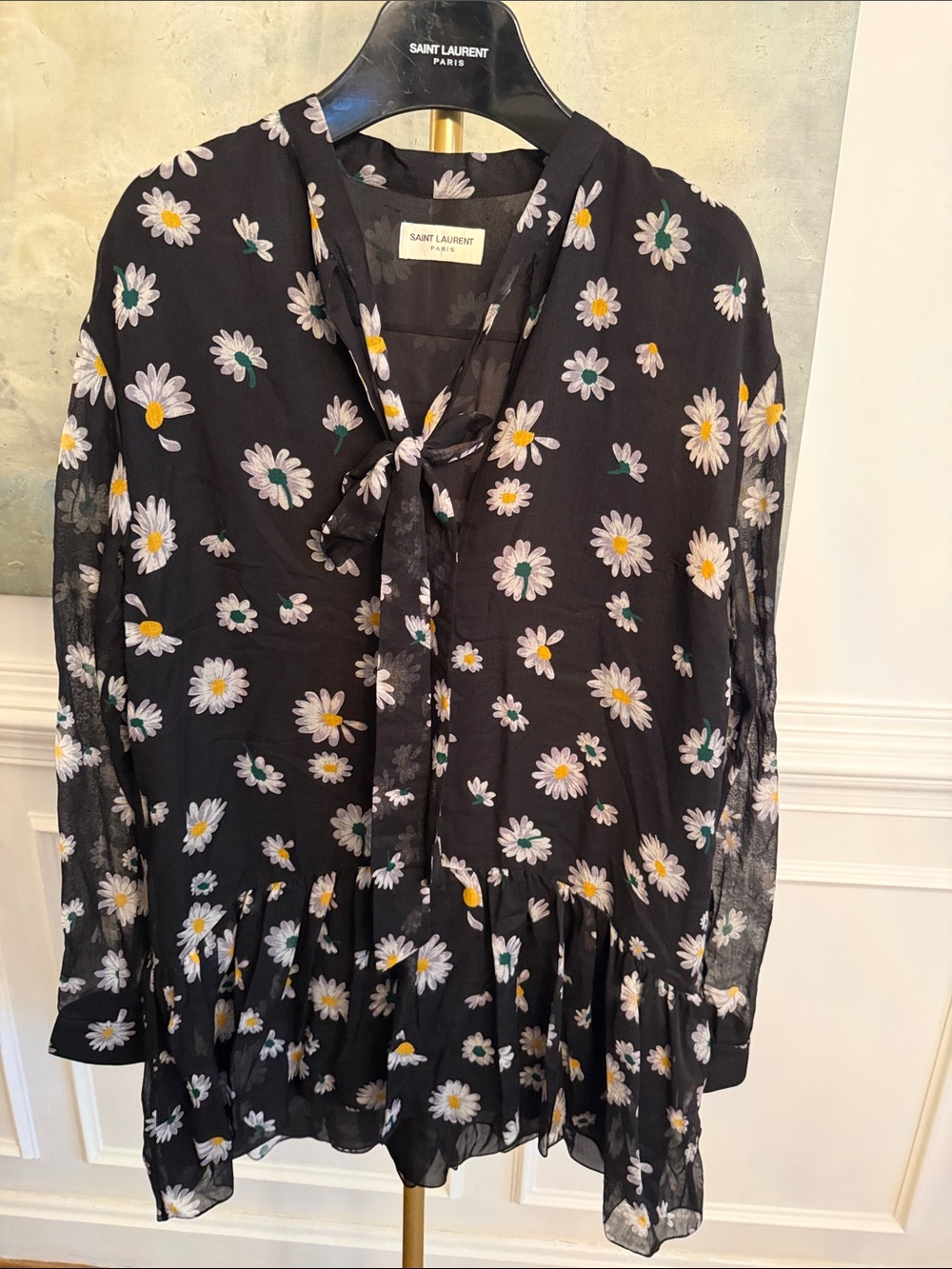 Saint Laurent Black Daisy Tie-Neck Dress